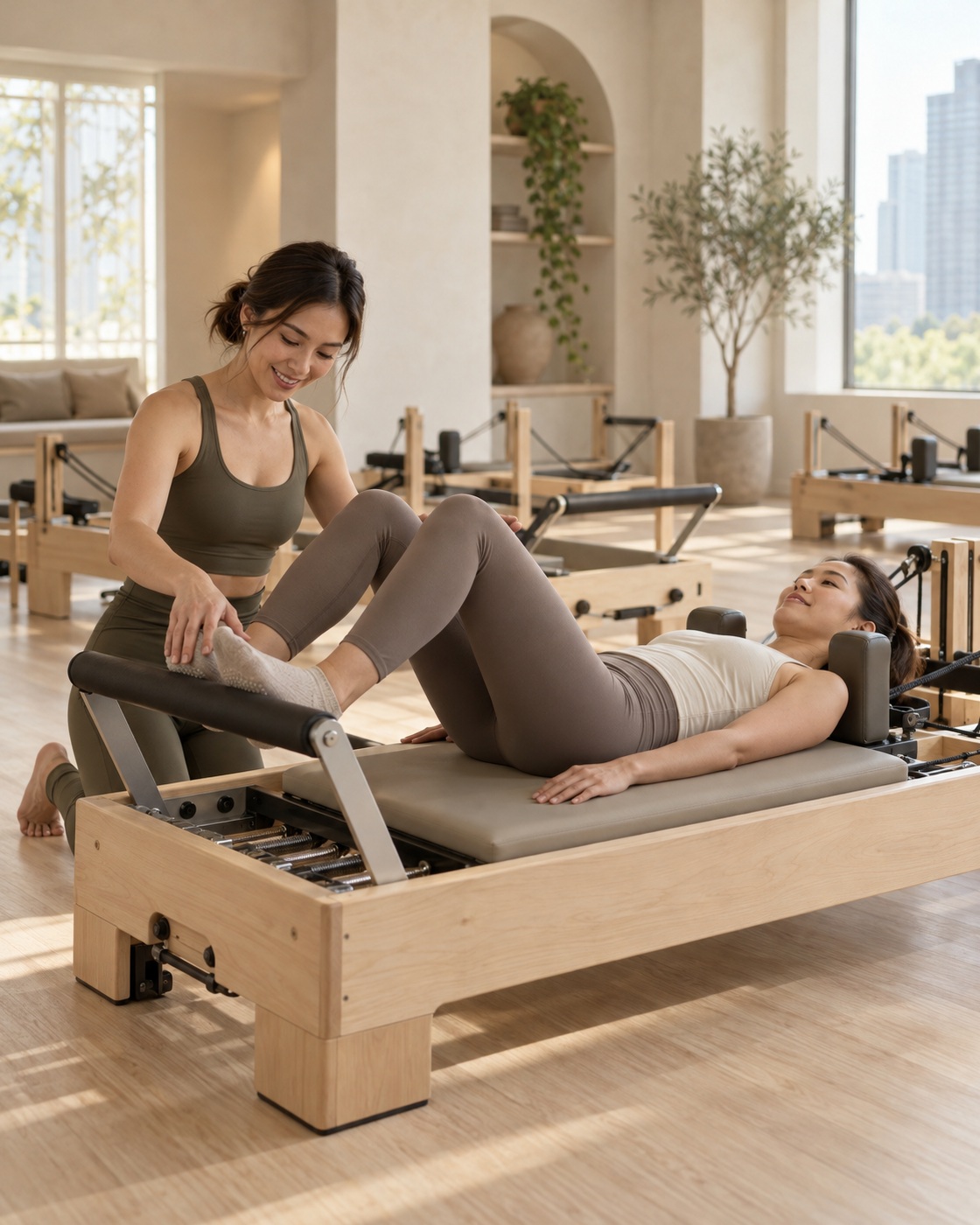 An instructor kneels beside a beginner lying on a reformer and guides her foot onto the footbar