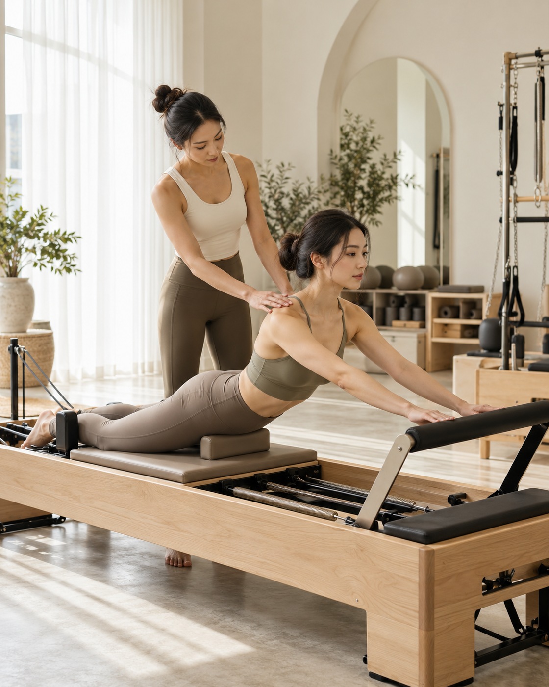 An instructor rests a hand on a client's shoulder to adjust her posture during a one-to-one reformer session