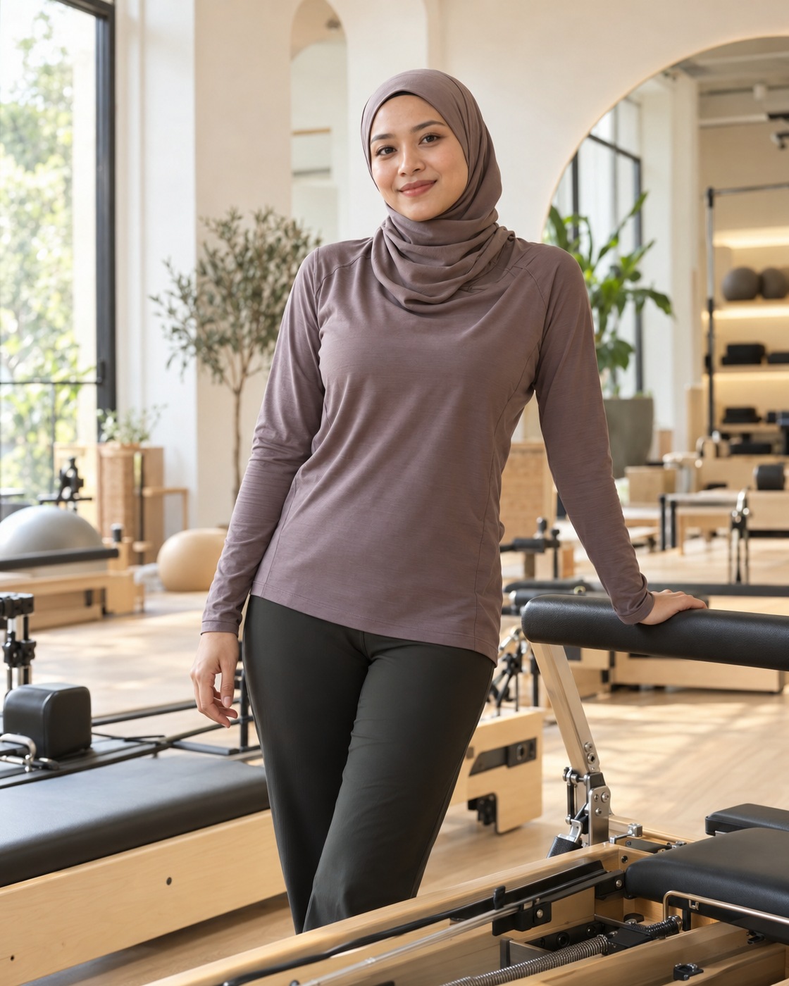 Nadia Ismail, the founder, standing in a mocha hijab and long-sleeved top beside a reformer in the studio