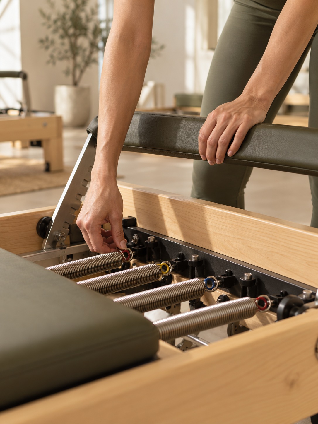 Close-up of an instructor adjusting the coloured springs on a wooden reformer